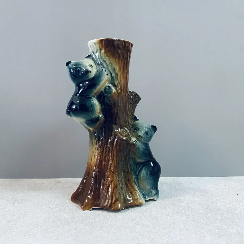 Vintage FREDERICKSBURG ART POTTERY Company Bear Cubs Hugging A Tree Bud Vase
